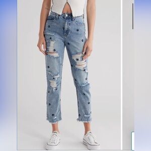 Tinseltown Deconstructed Fray Hem Mom Jeans Peace Sign Ripped Distressed